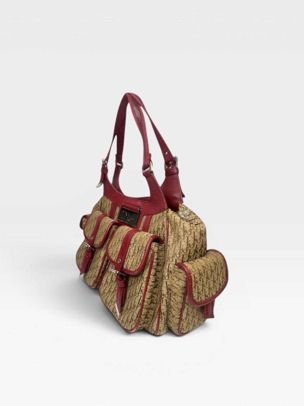 Dior Trotter Red Leather Trim Beige Logo Canvas Shoulder Bag - Picture 5 of 8